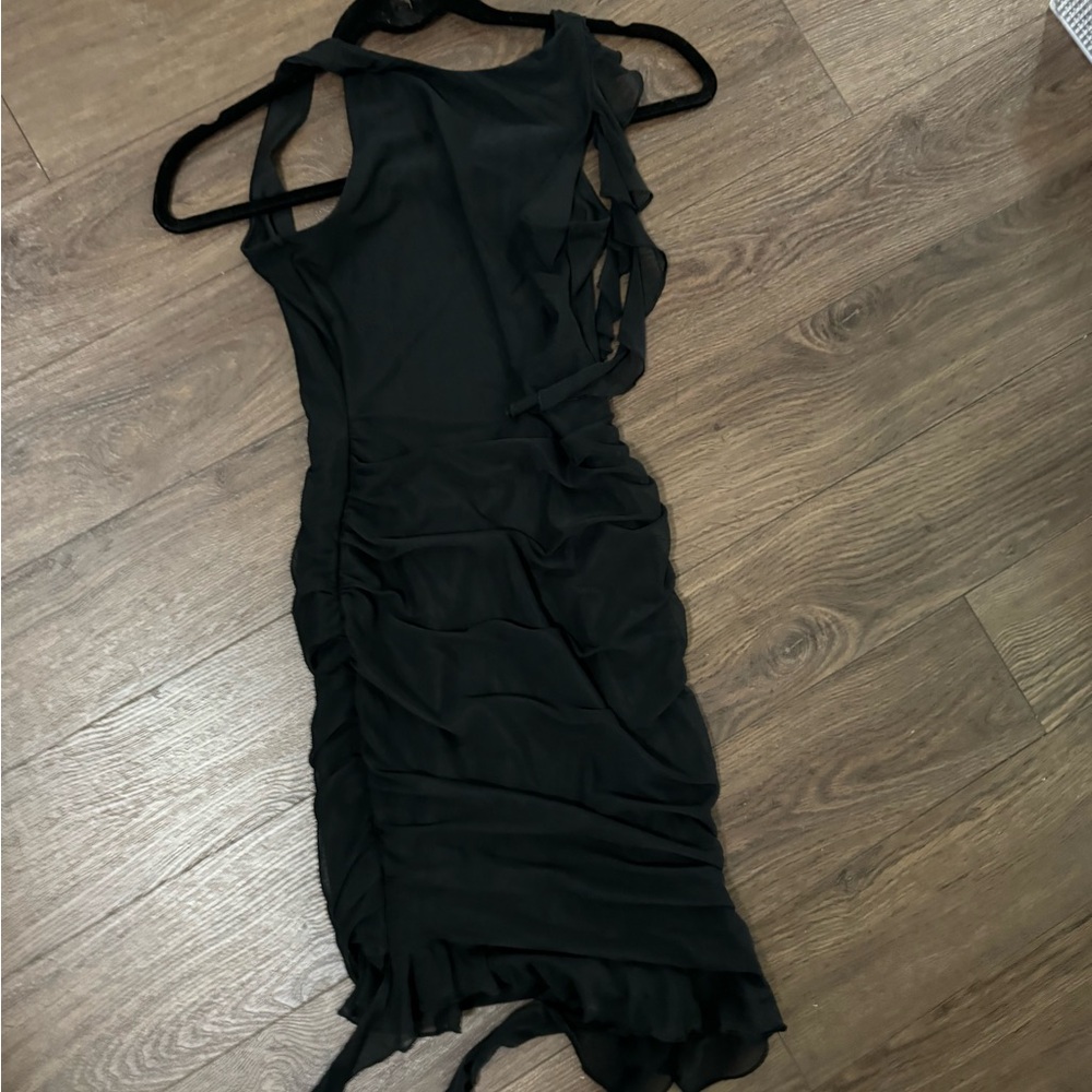 OH POLLY Backless Ruffle Detailing Mini Dress in Black